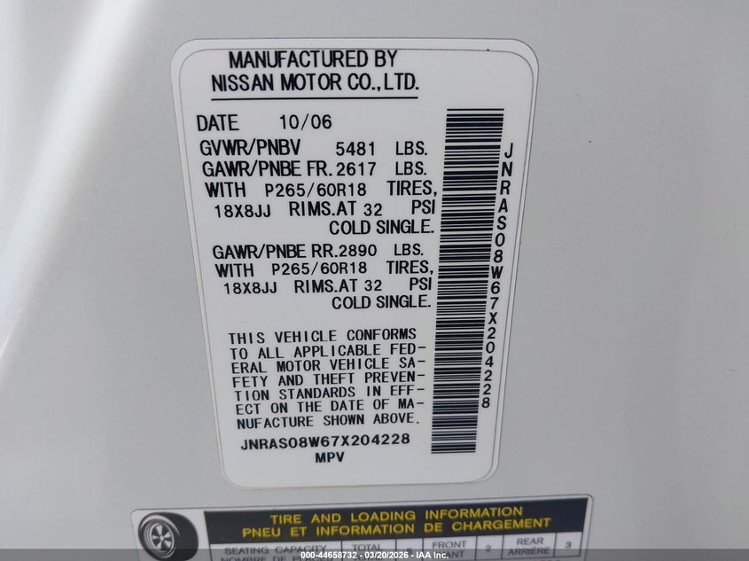 2007 Infiniti Fx35 VIN: JNRAS08W67X204228 Lot: 44658732