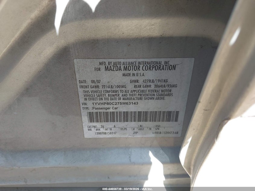 2007 Mazda Mazda6 I Sport Ve VIN: 1YVHP80C275M63143 Lot: 44658739