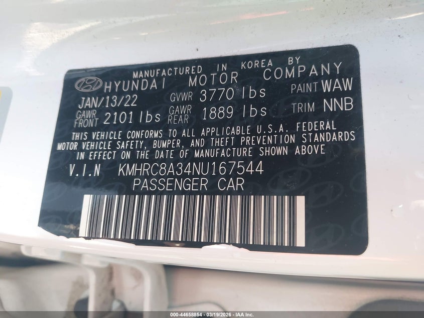 2022 Hyundai Venue Sel VIN: KMHRC8A34NU167544 Lot: 44658854