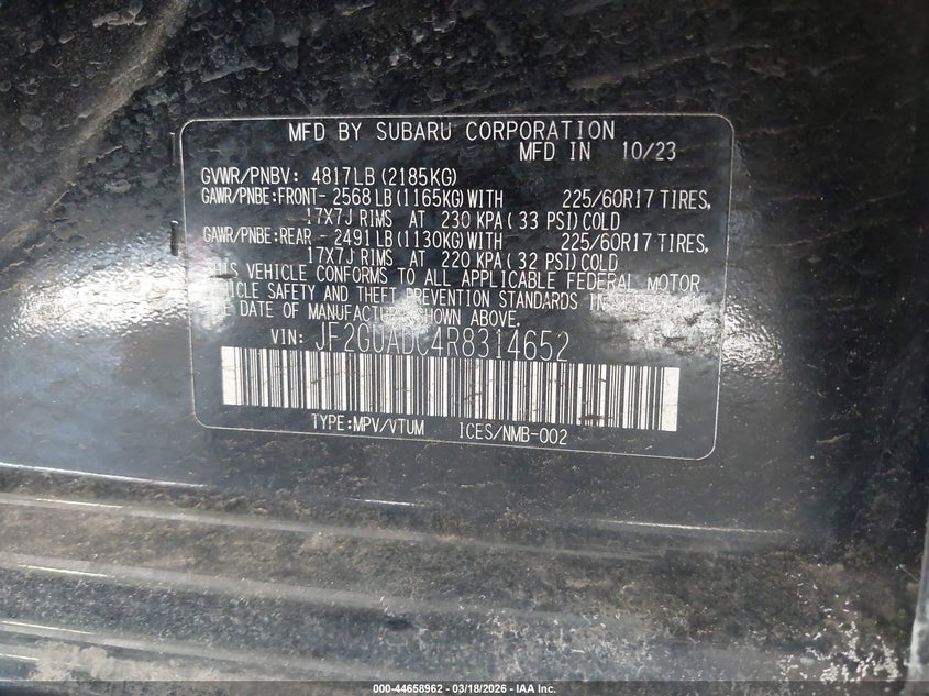 2024 SUBARU CROSSTREK 2.0L H-4 DI, DOHC, V(VIN: JF2GUADC4R8314652