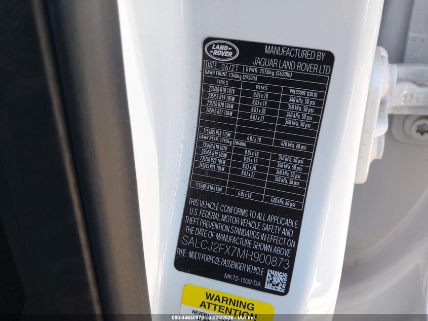 2021 Land Rover Discovery Sport S VIN: SALCJ2FX7MH900873 Lot: 44658972