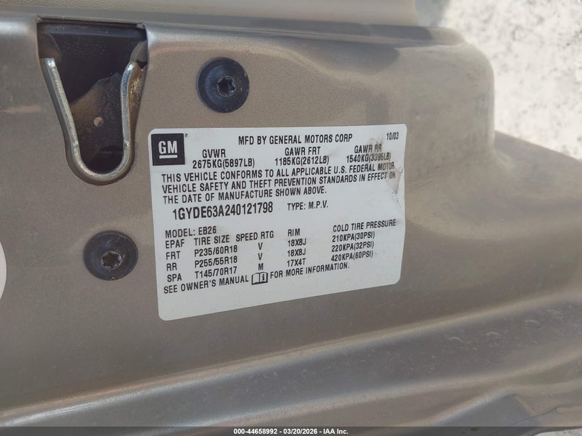 2004 Cadillac Srx V8 VIN: 1GYDE63A240121798 Lot: 44658992