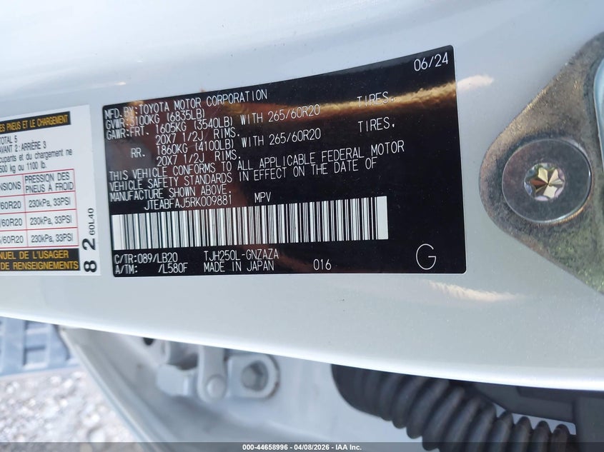 2024 Toyota Land Cruiser VIN: JTEABFAJ5RK009881 Lot: 44658996
