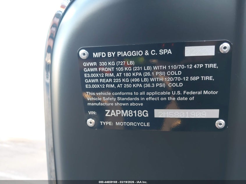 2021 Vespa Primavera/Sprint 150 VIN: ZAPM818G2M5801909 Lot: 44659169