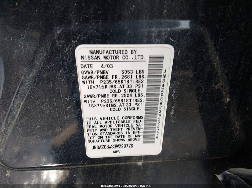 2003 Nissan Murano Sl VIN: JN8AZ08W83W229776 Lot: 44659211