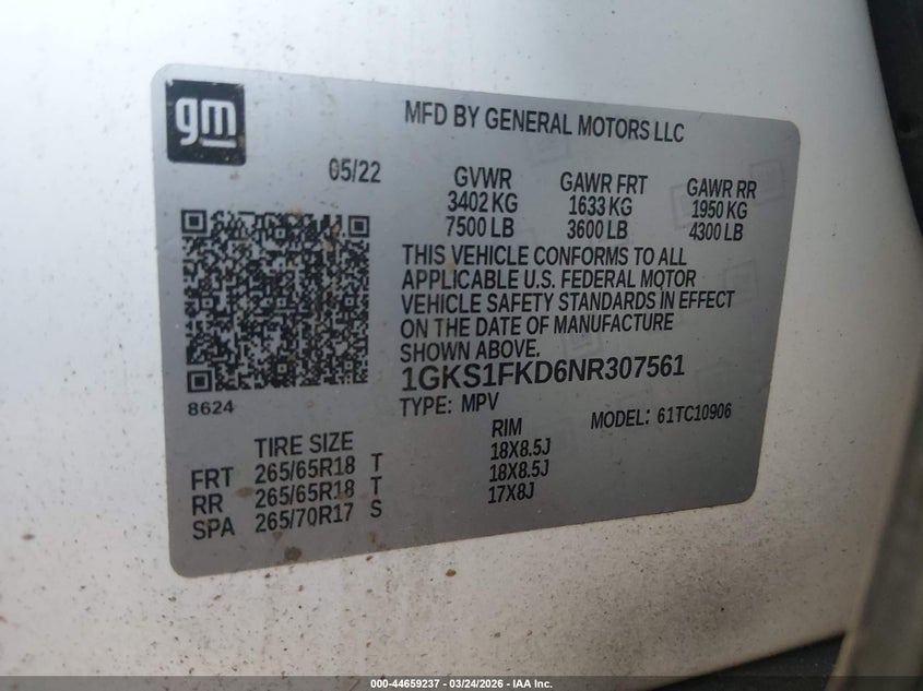 2022 GMC Yukon Xl 2Wd Sle VIN: 1GKS1FKD6NR307561 Lot: 44659237