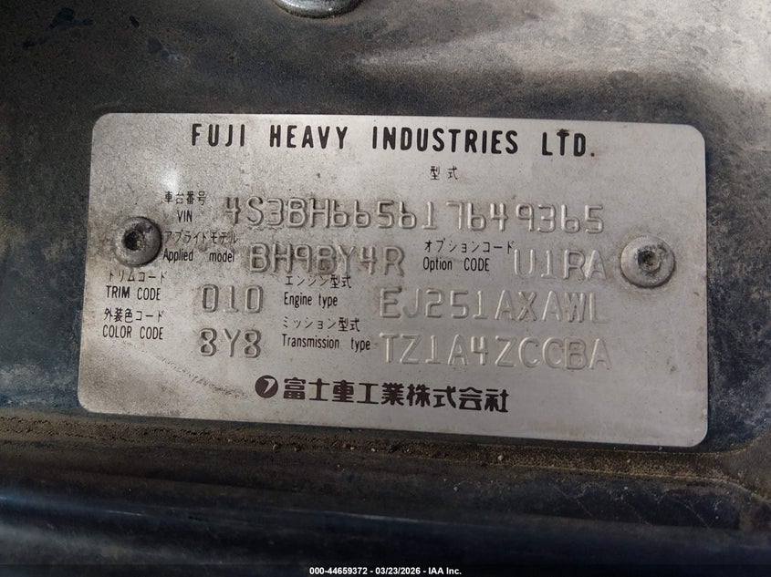 2001 Subaru Outback VIN: 4S3BH665617649365 Lot: 44659372