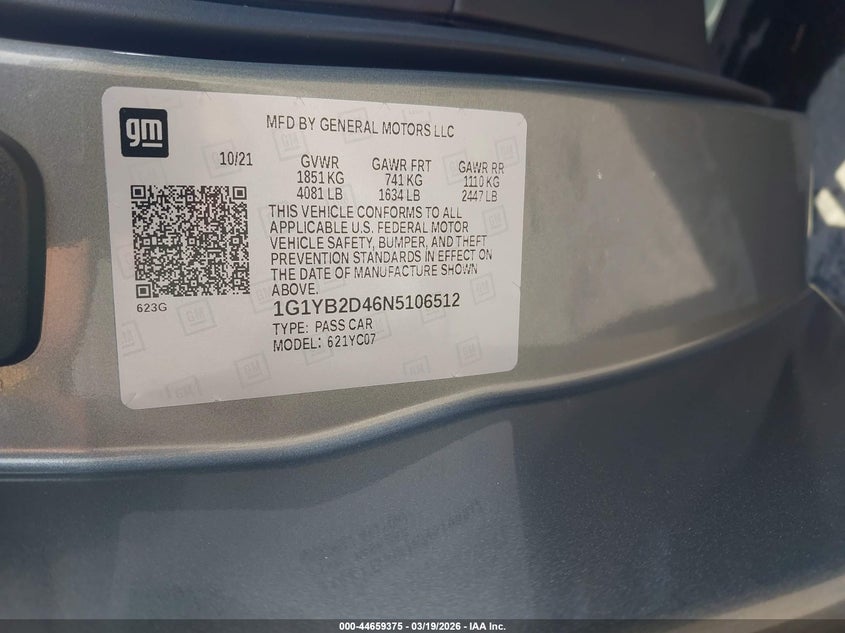 2022 Chevrolet Corvette Stingray Rwd 2Lt VIN: 1G1YB2D46N5106512 Lot: 44659375