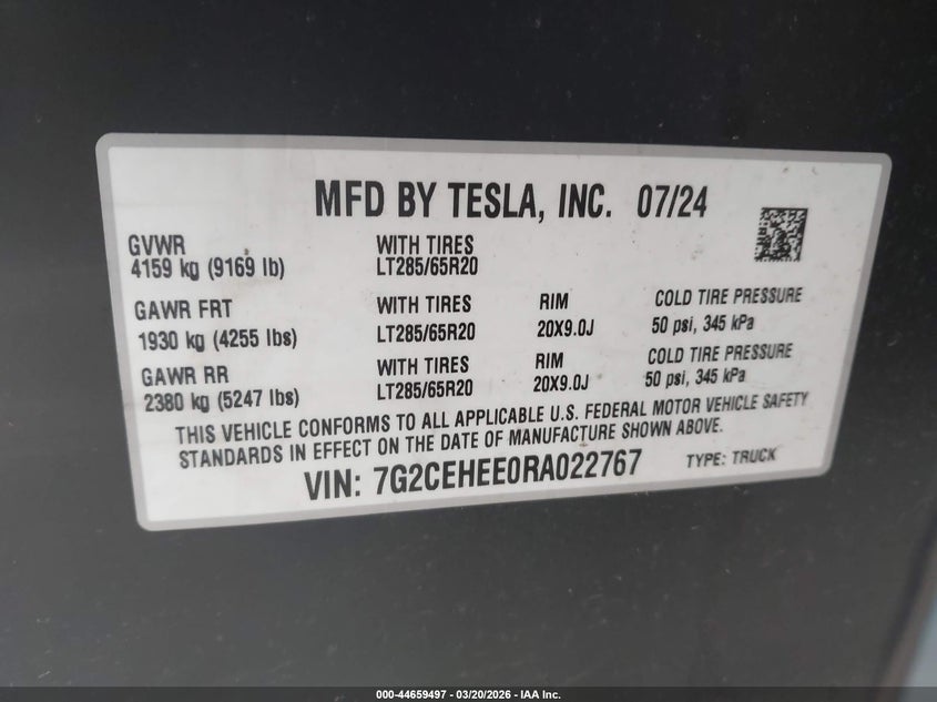 2024 Tesla Cybertruck Cyberbeast VIN: 7G2CEHEE0RA022767 Lot: 44659497