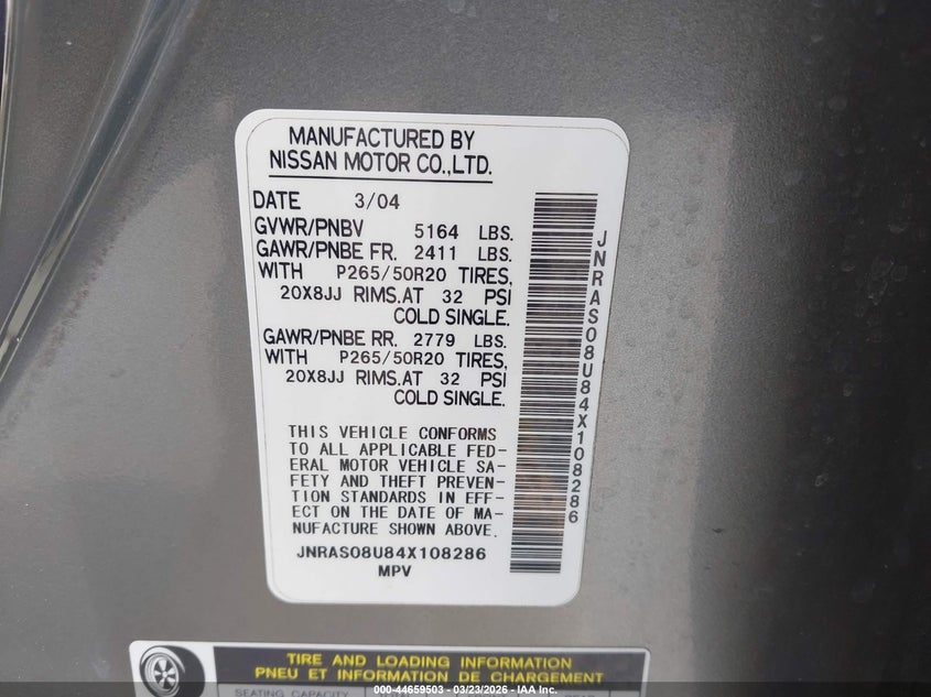 2004 Infiniti Fx35 VIN: JNRAS08U84X108286 Lot: 44659503