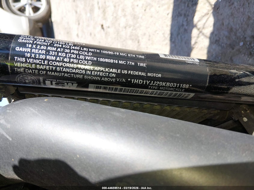 2019 Harley-Davidson Fxbb VIN: 1HD1YJJ29KB031188 Lot: 44659514