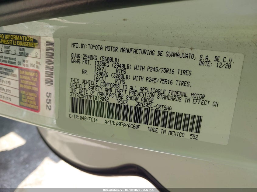 2021 TOYOTA TACOMA 3.5L V-6 DI, DOHC, V(VIN: 3TYSZ5AN7MT019092