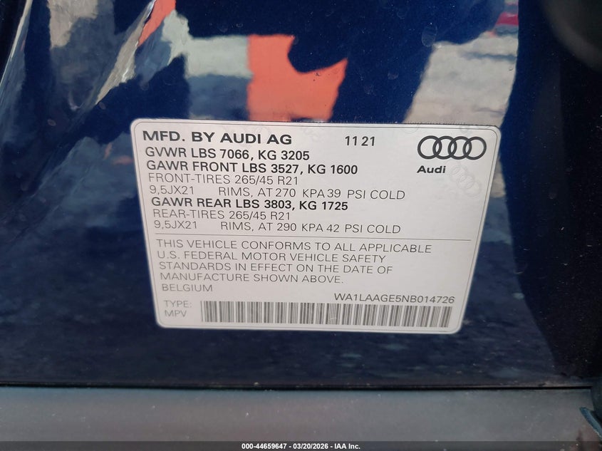 2022 Audi E-Tron Premium Plus Quattro VIN: WA1LAAGE5NB014726 Lot: 44659647