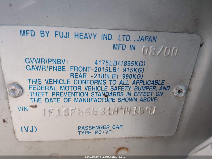 2001 Subaru Forester S VIN: JF1SF65681H741691 Lot: 44659829