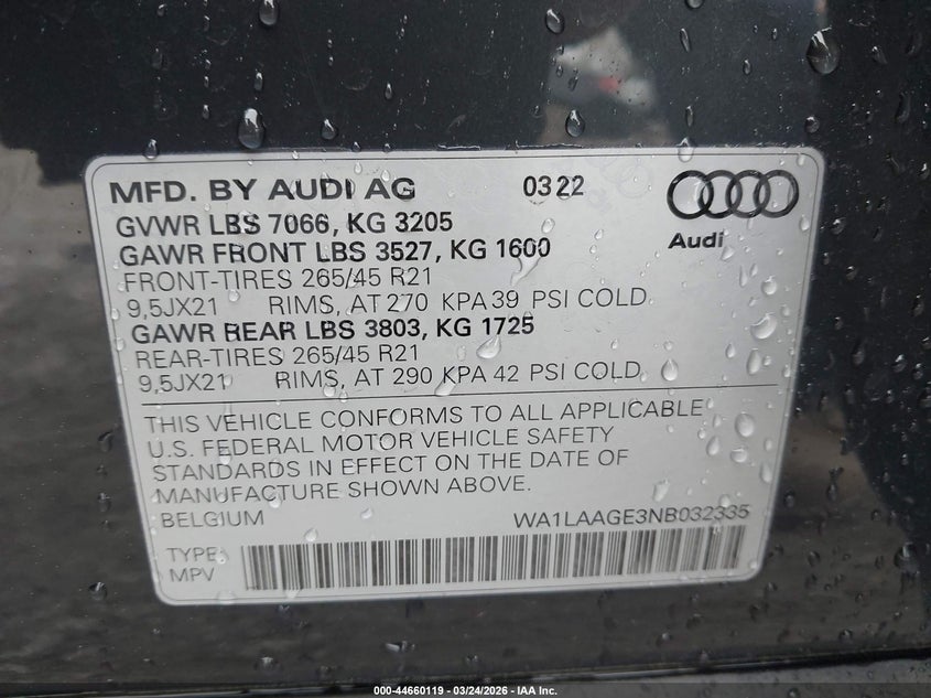 2022 Audi E-Tron Premium Plus Quattro VIN: WA1LAAGE3NB032335 Lot: 44660119