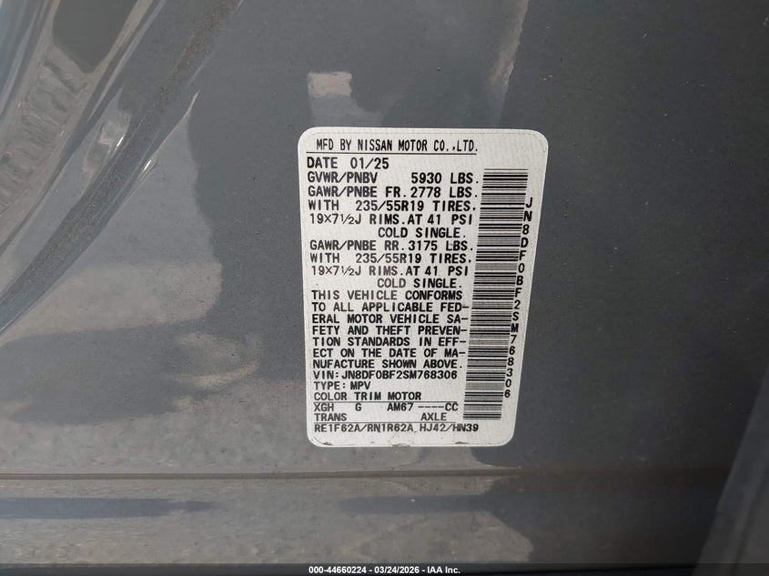 2025 Nissan Ariya Evolve+ VIN: JN8DF0BF2SM768306 Lot: 44660224