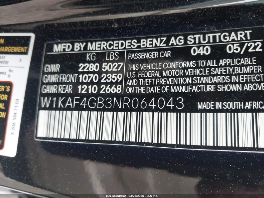 2022 Mercedes-Benz C 300 Sedan VIN: W1KAF4GB3NR064043 Lot: 44660562