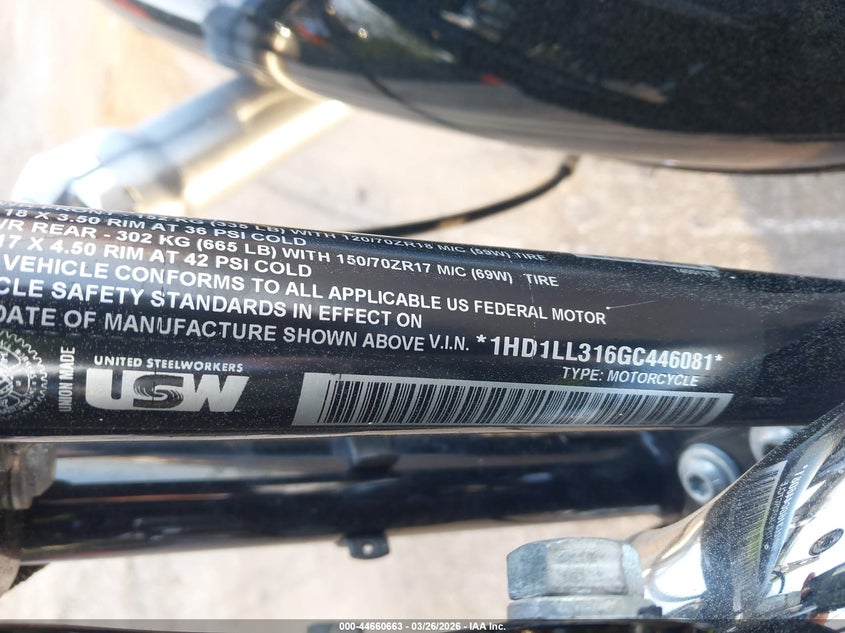 2016 Harley-Davidson Xl1200 T VIN: 1HD1LL316GC446081 Lot: 44660663