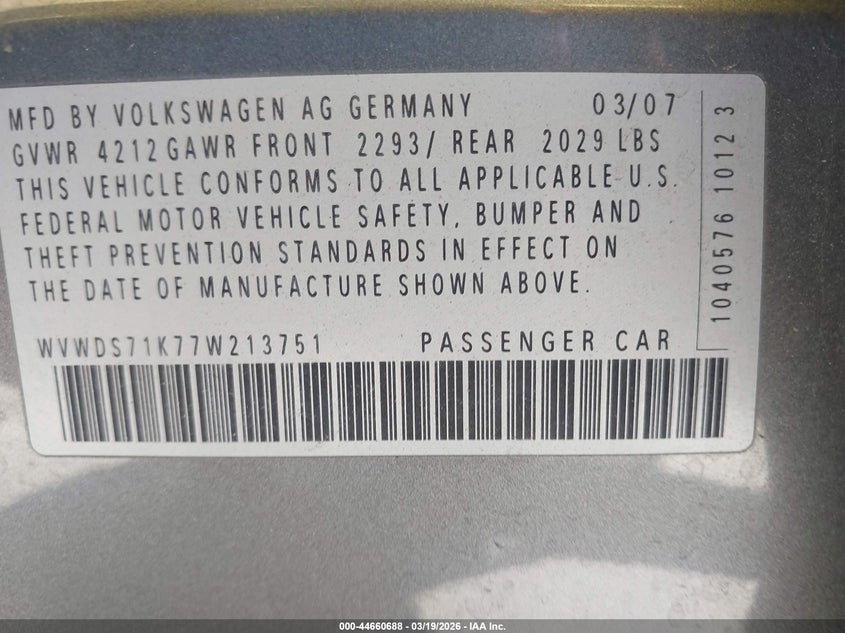 2007 Volkswagen Rabbit 4-Door VIN: WVWDS71K77W213751 Lot: 44660688