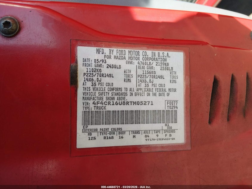 1994 Mazda B3000 Cab Plus VIN: 4F4CR16U8RTM05271 Lot: 44660721