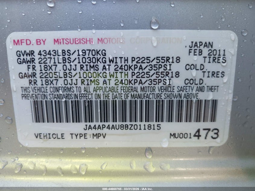 2011 Mitsubishi Outlander Sport Se VIN: JA4AP4AU8BZ011815 Lot: 44660765