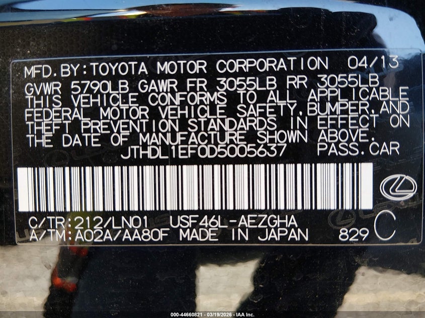 2013 Lexus Ls 460 L VIN: JTHDL1EF0D5005637 Lot: 44660821