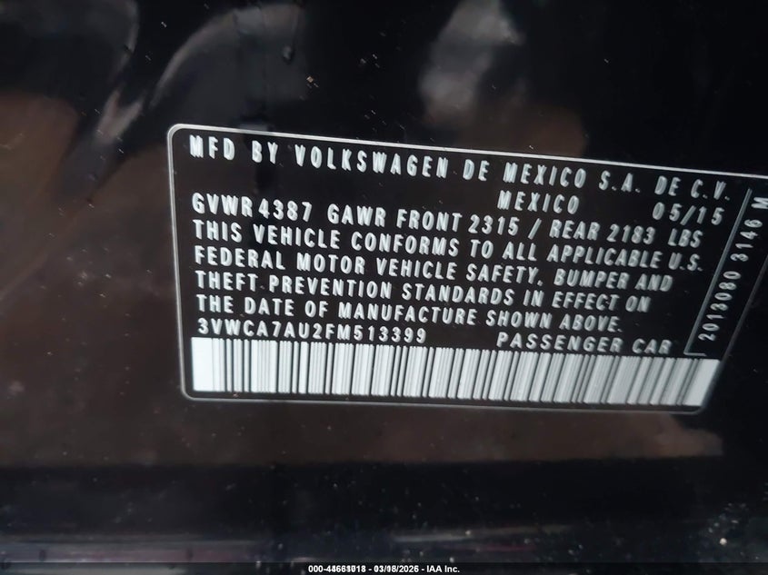 2015 Volkswagen Golf Sportwagen Tdi Se 4-Door VIN: 3VWCA7AU2FM513399 Lot: 44661018