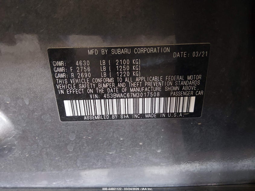 2021 Subaru Legacy Premium VIN: 4S3BWAC67M3017508 Lot: 44661122