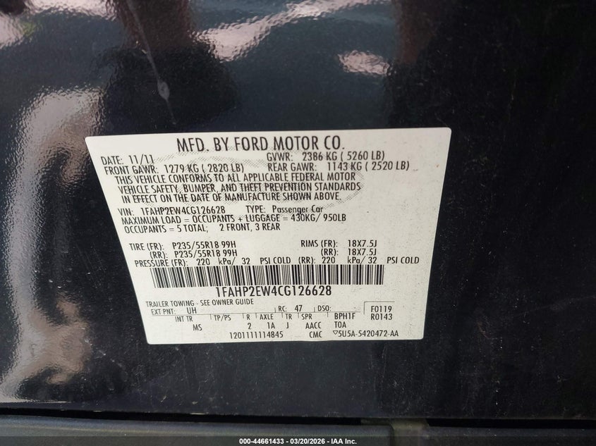 2012 Ford Taurus 3.5 Sel black Lot 111044661433 Vin 1FAHP2EW4CG126628