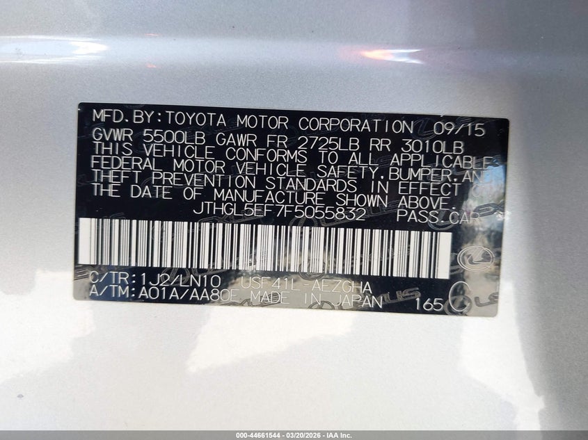 2015 Lexus Ls 460 L VIN: JTHGL5EF7F5055832 Lot: 44661544