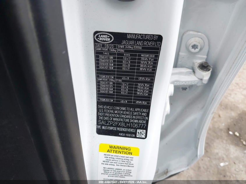 2020 Land Rover Range Rover Evoque Se VIN: SALZP2FX8LH106777 Lot: 44661547