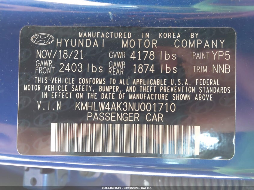 2022 Hyundai Elantra N VIN: KMHLW4AK3NU001710 Lot: 44661549