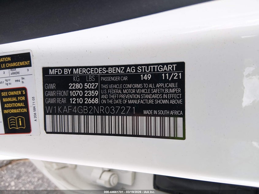 2022 Mercedes-Benz C 300 Sedan VIN: W1KAF4GB2NR037271 Lot: 44661701