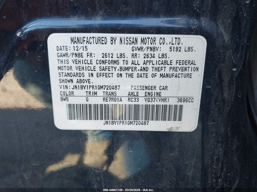 2016 Infiniti Q70L 3.7X VIN: JN1BY1PR1GM720487 Lot: 44661749