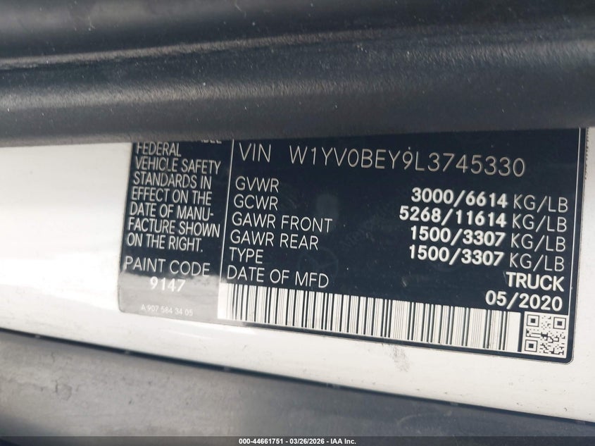 2020 Mercedes-Benz Metris VIN: W1YV0BEY9L3745330 Lot: 44661751