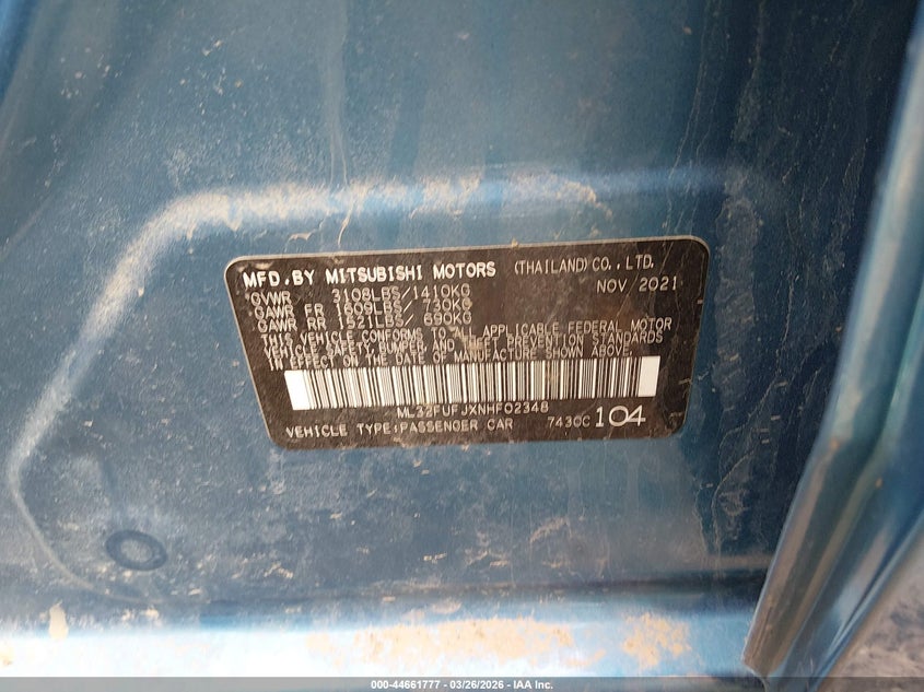 2022 Mitsubishi Mirage G4 Le VIN: ML32FUFJXNHF02348 Lot: 44661777