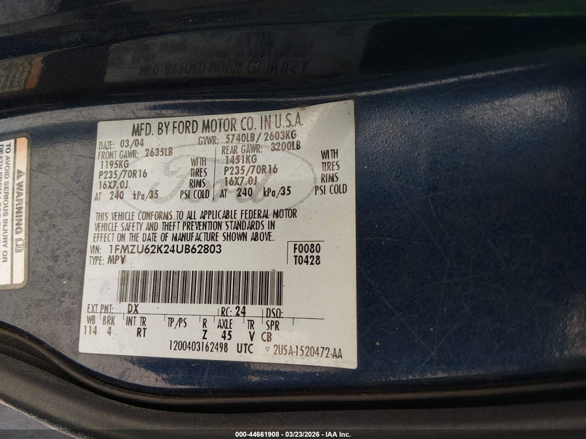 2004 Ford Explorer Xls VIN: 1FMZU62K24UB62803 Lot: 44661908