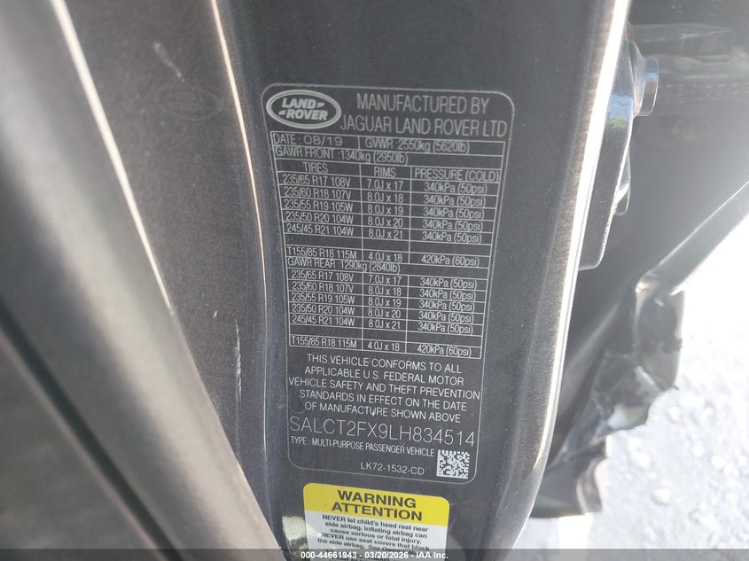 2020 Land Rover Discovery Sport R-Dynamic S/R-Dynamic Se VIN: SALCT2FX9LH834514 Lot: 44661943