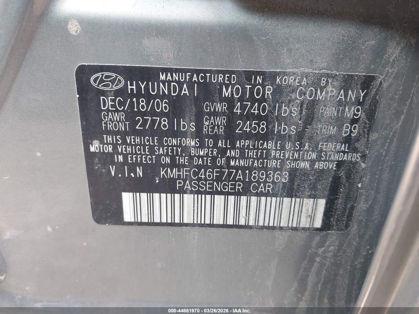 2007 Hyundai Azera Limited/Se VIN: KMHFC46F77A189363 Lot: 44661970