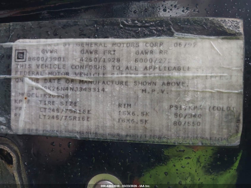 1992 Chevrolet Suburban K2500 VIN: 1GNGK26N4NJ343314 Lot: 44662036
