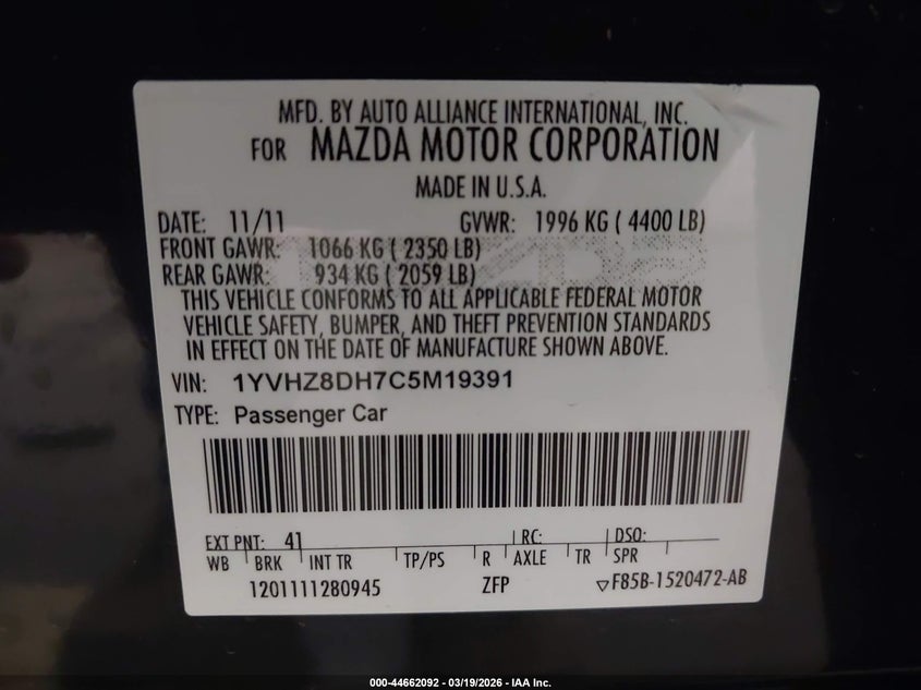 2012 Mazda 6 2.5 Azda6 I Touring Grey Lot 111044662092 Vin 1YVHZ8DH7C5M19391