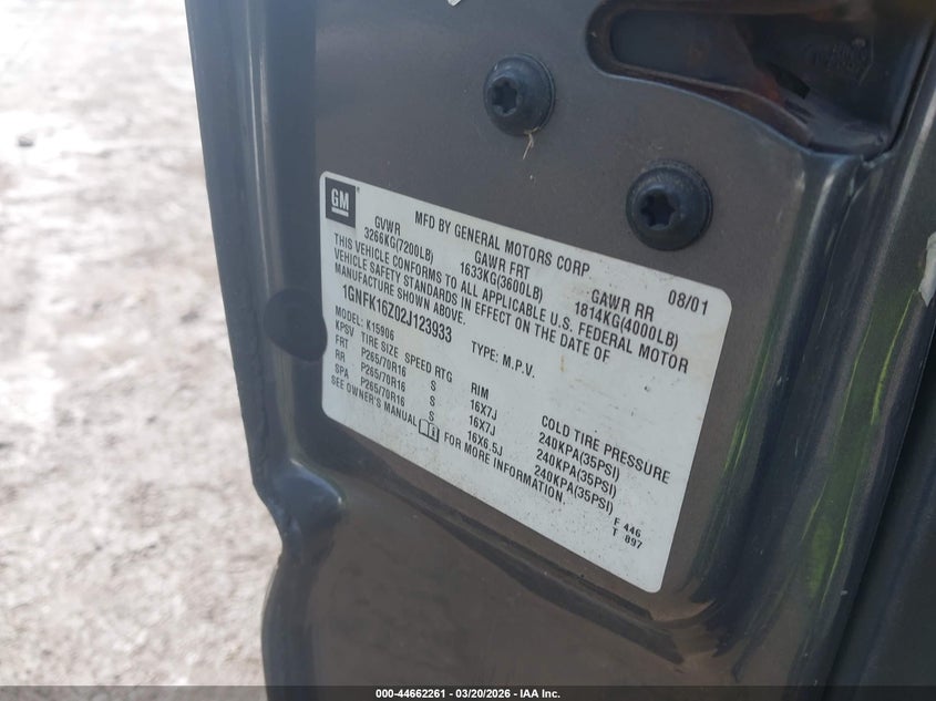 2002 Chevrolet Suburban K1500 VIN: 1GNFK16Z02J123933 Lot: 44662261