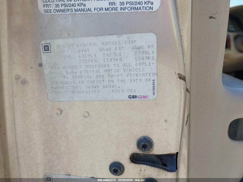 1995 Cadillac Deville VIN: 1G6KD52B1SU283287 Lot: 44662375