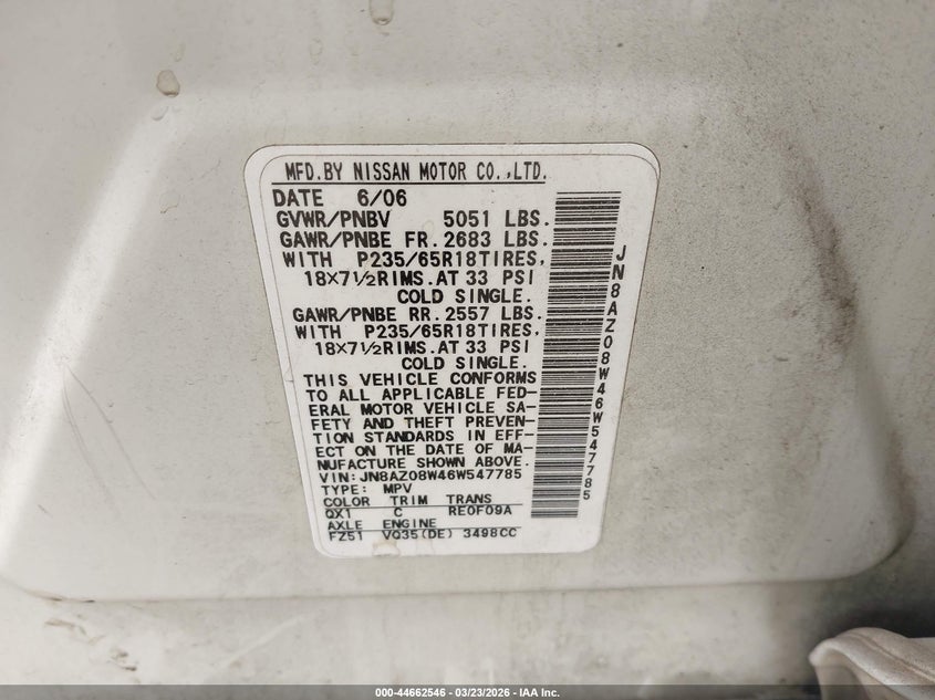 2006 Nissan Murano S/Se/Sl VIN: JN8AZ08W46W554778 Lot: 44662546