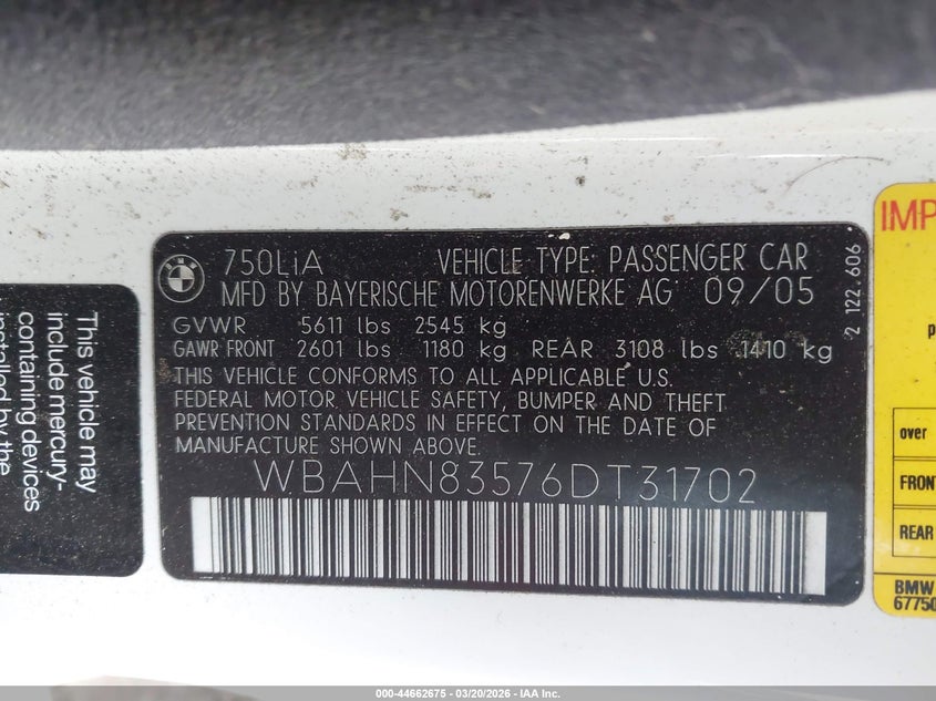 2006 BMW 750Li VIN: WBAHN83576DT31702 Lot: 44662675