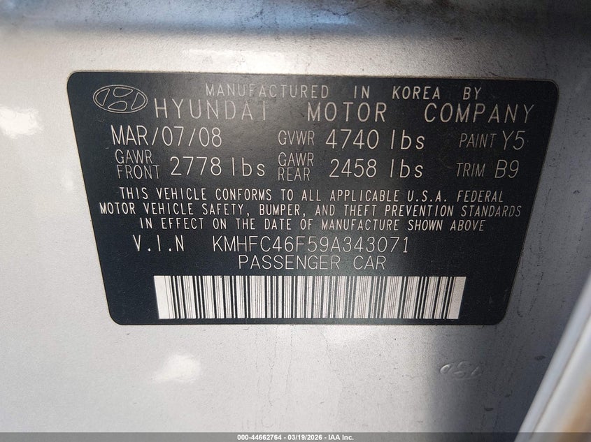 2009 Hyundai Azera Limited VIN: KMHFC46F59A343071 Lot: 44662764