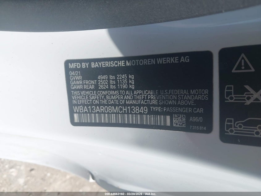 2021 BMW M440I xDrive VIN: WBA13AR08MCH13849 Lot: 44663160