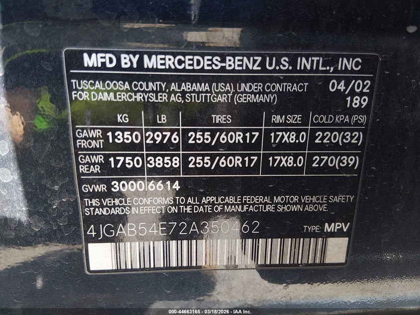 2002 Mercedes-Benz Ml 320 VIN: 4JGAB54E72A350462 Lot: 44663165