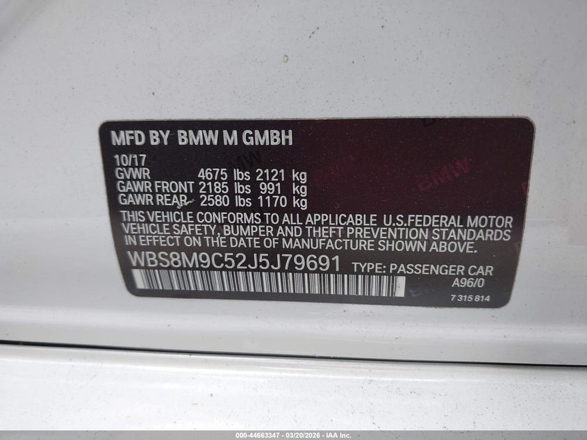 2018 BMW M3 Cs VIN: WBS8M9C52J5J79691 Lot: 44663347