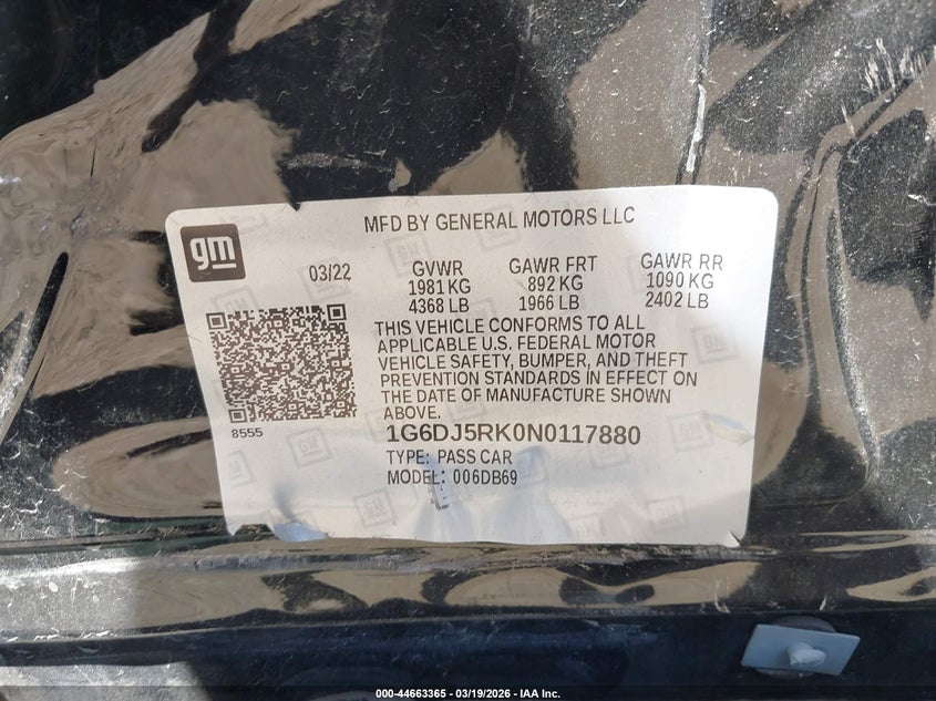 2022 Cadillac Ct4 Luxury VIN: 1G6DJ5RK0N0117880 Lot: 44663365